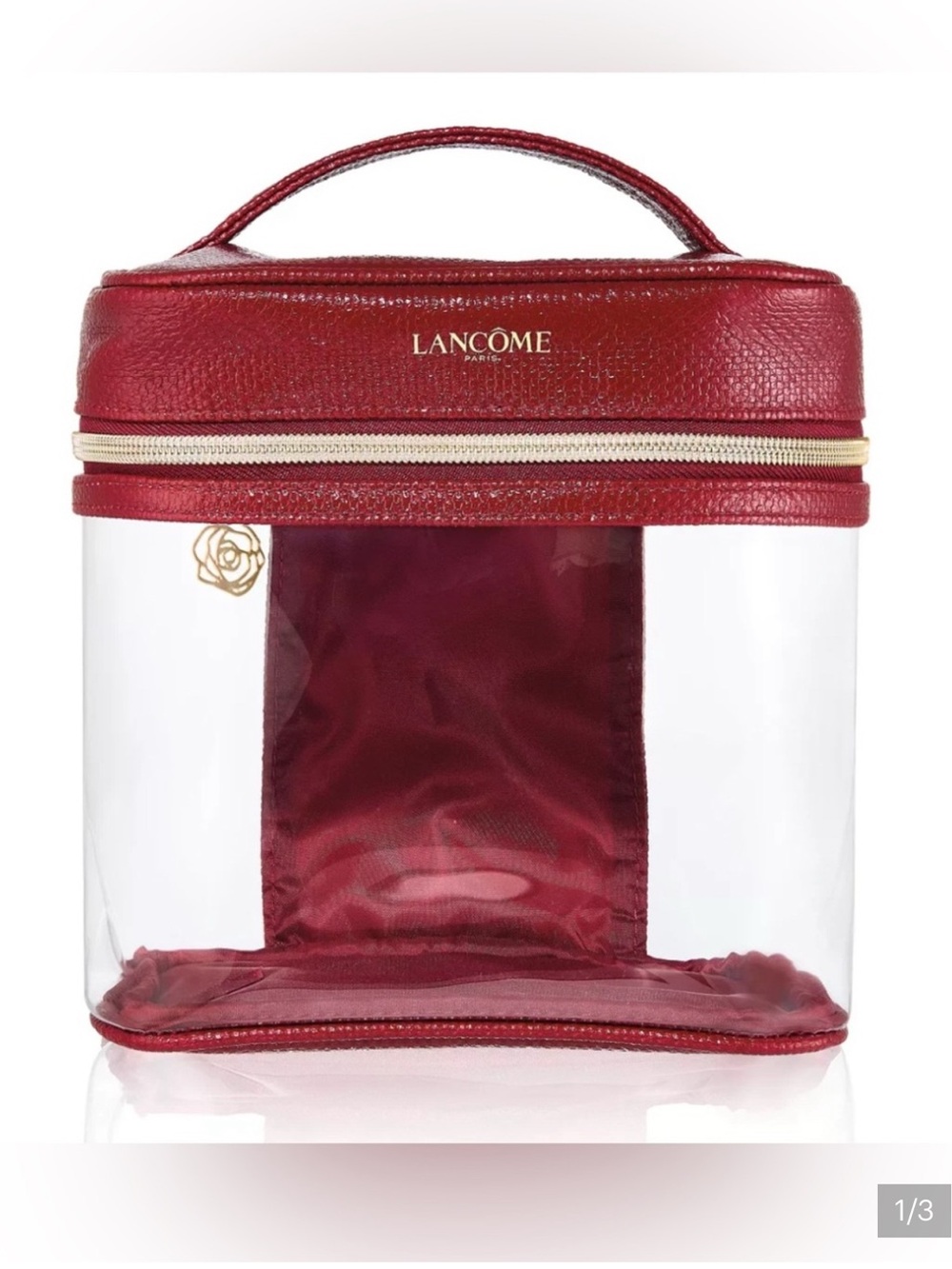 Lancôme Burgundy Gold Clear Cosmetic Train Case Makeup Bag Handle Transparent